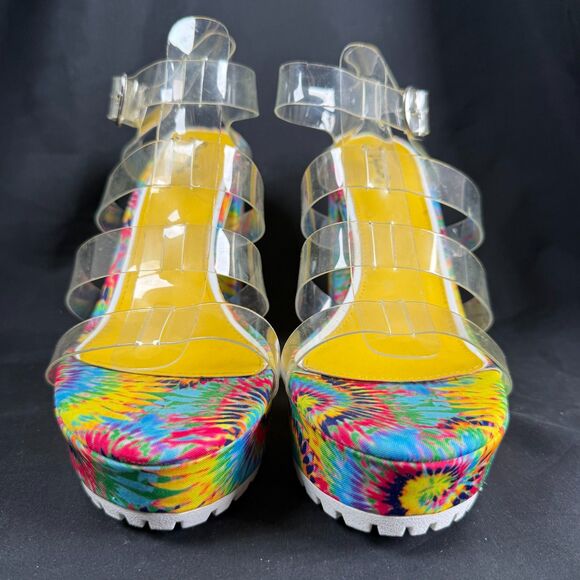 Qupid Platform Chunky 5" Heels Women's US 10 Colorful Tie-Dye Retro Clear Straps - Picture 3 of 6